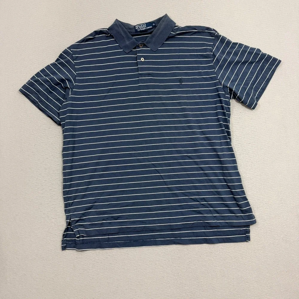 Vintage Polo Ralph Lauren Polo XL Blue Striped Short Sleeve Cotton Preppy 90s